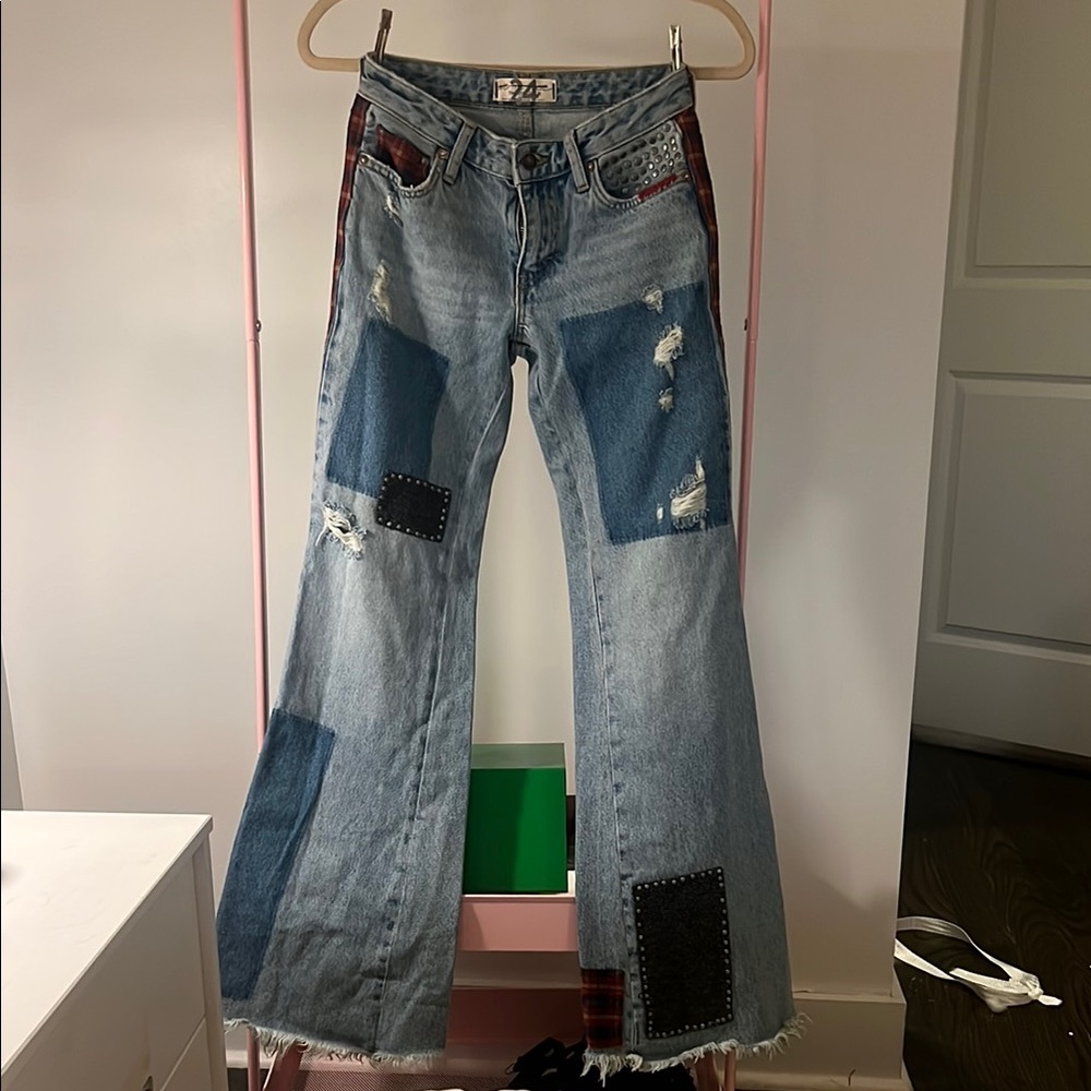 Free people flannel patchwork jeans